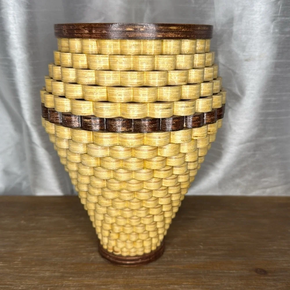 Handcrafted 9” Wooden Tornado Basket Vase Scalloped 2012 Signed Glazed